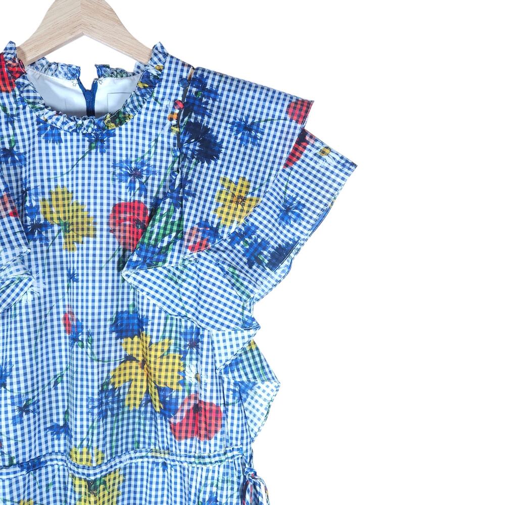 Pearl by Lela Rose Floral Gingham Dress 8 Blue White Ruffle Detail Cottagecore - Picture 2 of 15